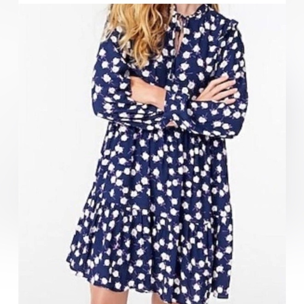 J. Crew Tie Neck Tiered Dress Women's XS Blue Scattered Peony Dress